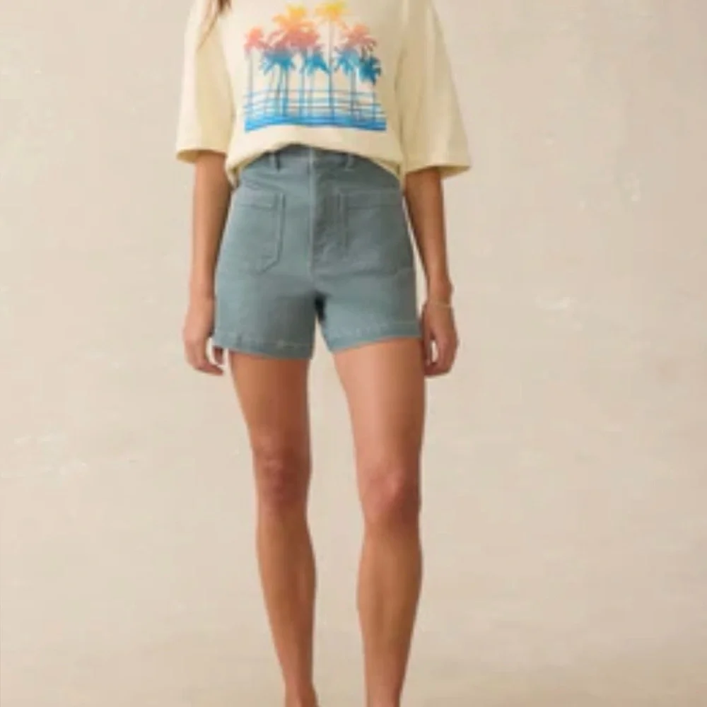 Faherty Stretch Terry Patch Pocket High-Rise Washed Blue Women’s Shorts - Picture 1 of 5